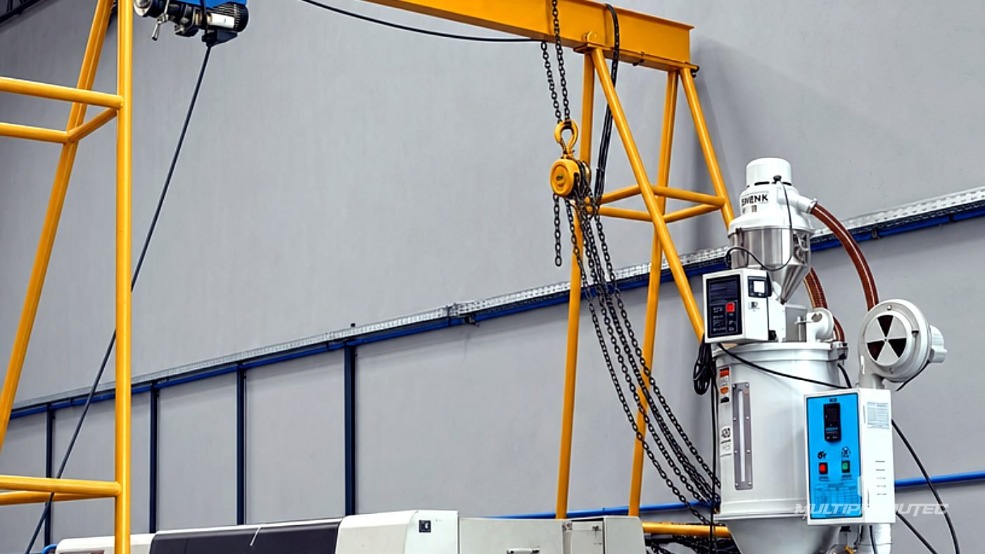 Área de produção da Multiprodutec: ponte rolante de 2.000 kg, injetora e secador de material