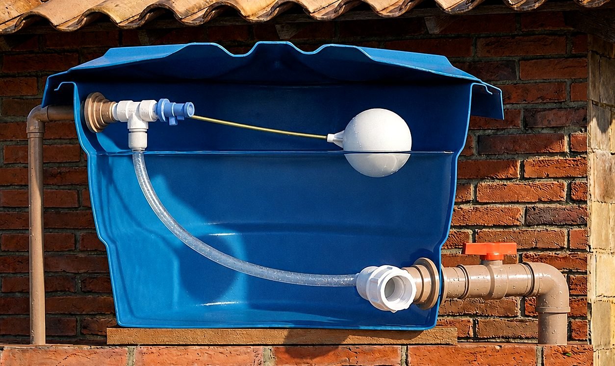 Esquema do THUCHÃO instalado: entrada de água da rua, condutor flexível e saída para a casa